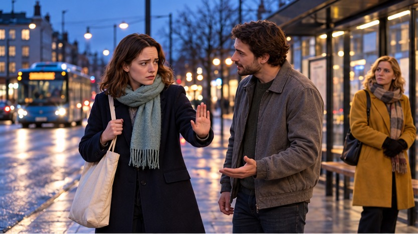 Alex in a navy coat refuses unwanted attention from Chris; a bystander in a mustard coat observes